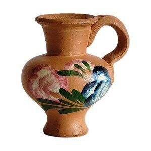 Vintage RARE Miniature Portugal Clay Jug Vase with Handpainted Floral Design